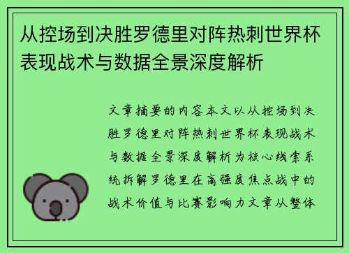 从控场到决胜罗德里对阵热刺世界杯表现战术与数据全景深度解析
